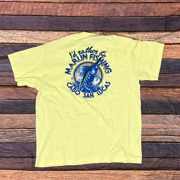 Vintage 1990s Mexico Cabo San Lucas Fishing Yellow Destination Crewneck Tshirt - Picture 2 of 5